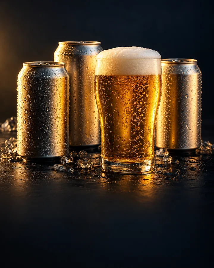 Cold beer cans and a glass of lager