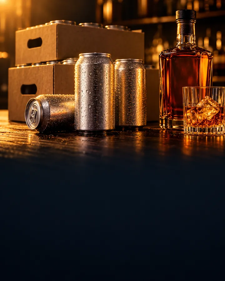 Beer cans, cartons and whisky on a bar counter
