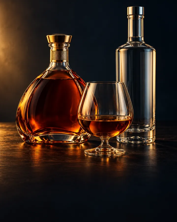 Cognac and vodka bottles with a brandy glass