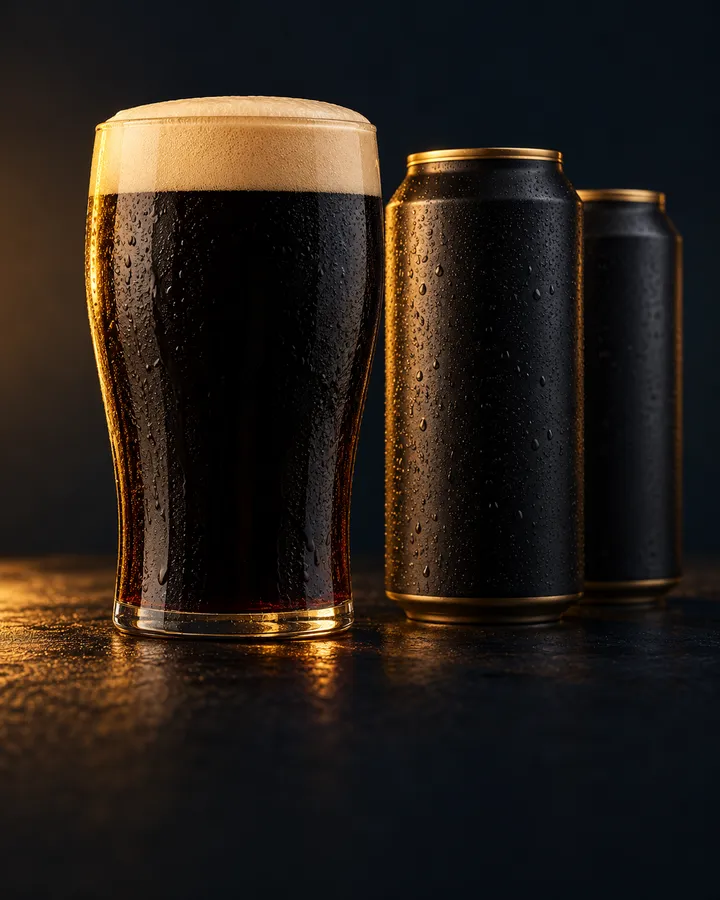 A pint of stout and dark beer cans