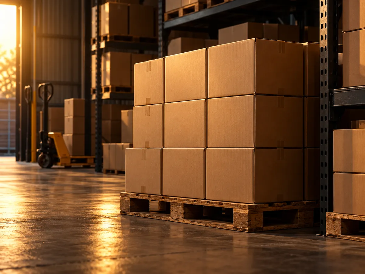 Beer cartons stacked on a pallet in a warehouse