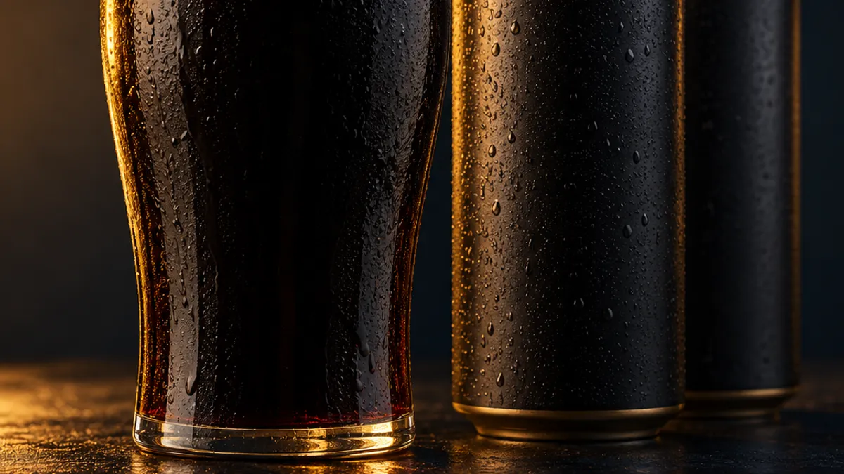 A glass of stout next to dark beer cans